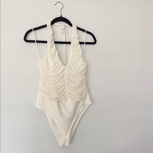 Cream Ruched Halter Bodysuit